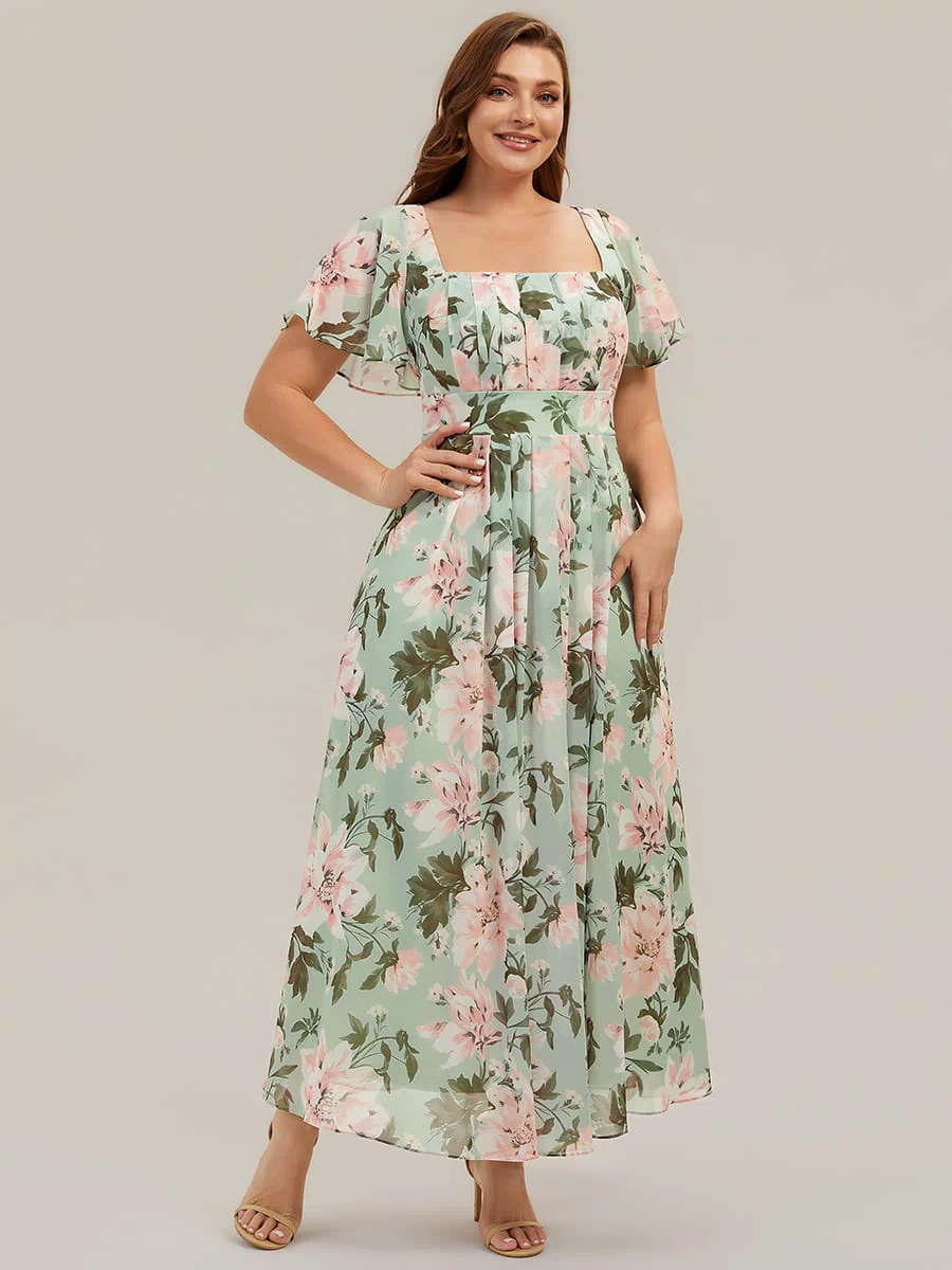 Ruched Chiffon Ruffle Sleeve Dress #color_Light Green Floral