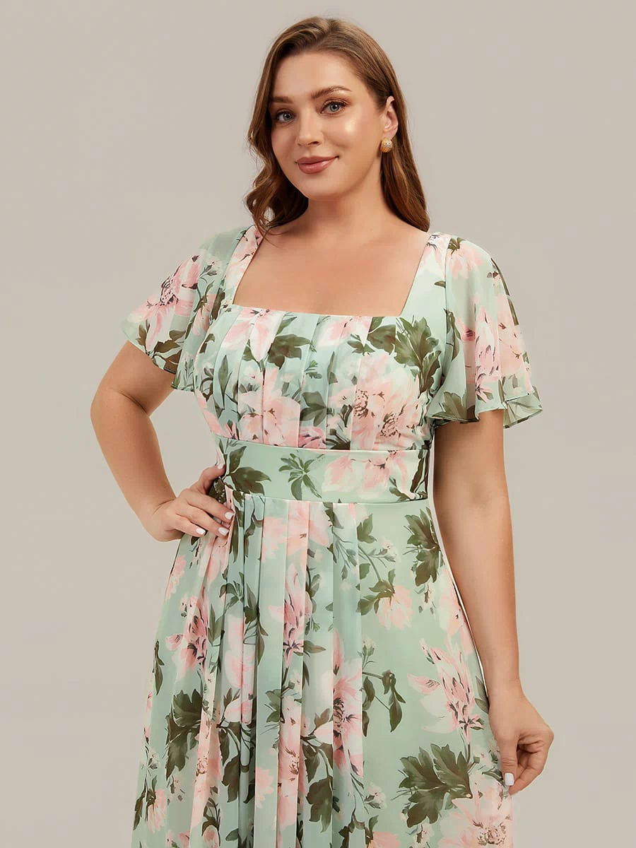 Ruched Chiffon Ruffle Sleeve Dress #color_Light Green Floral