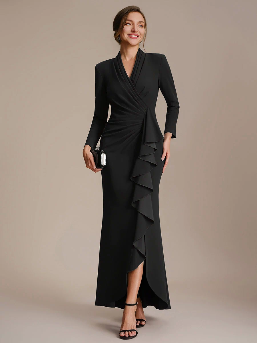 Ruffle Crepe Long Sleeve Evening Dress