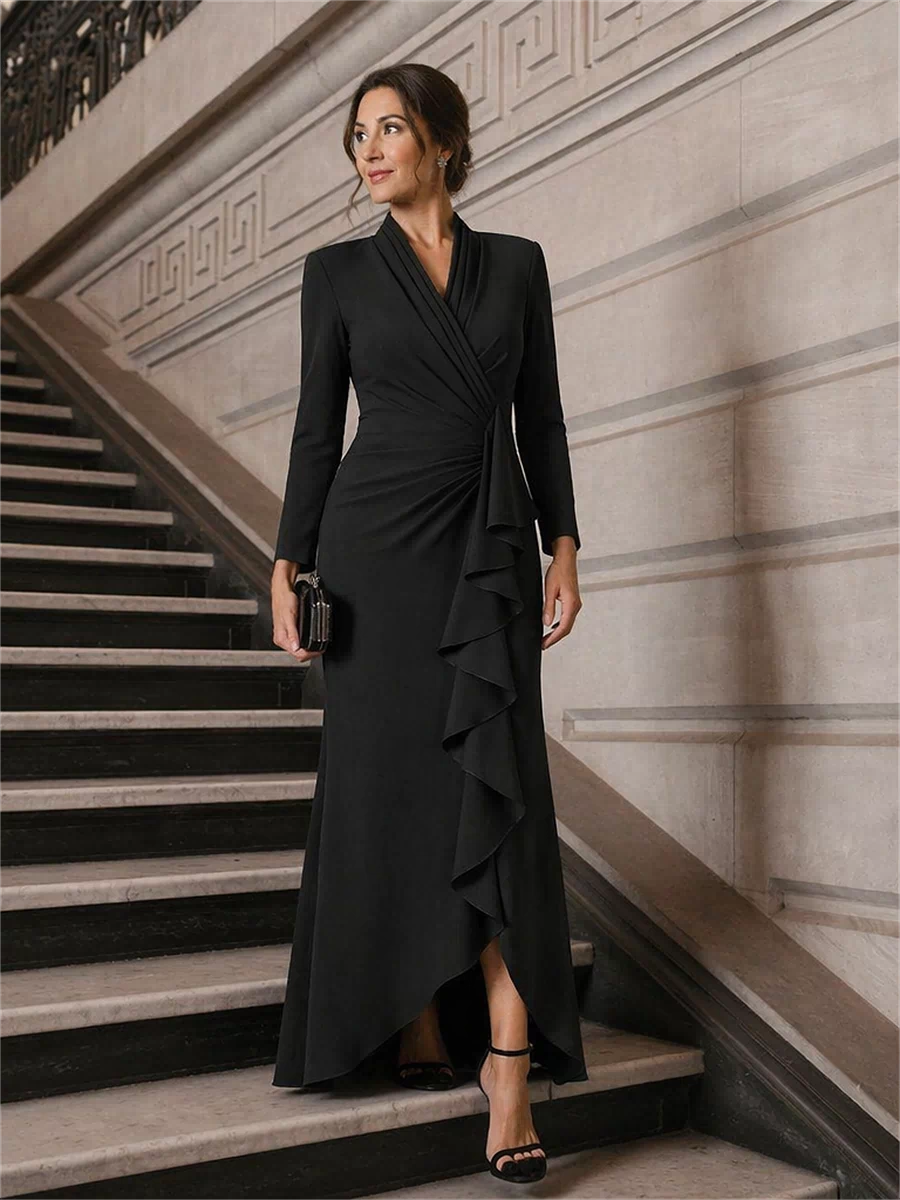 Ruffle Crepe Fitted Sleeve Evening Dress #color_Black