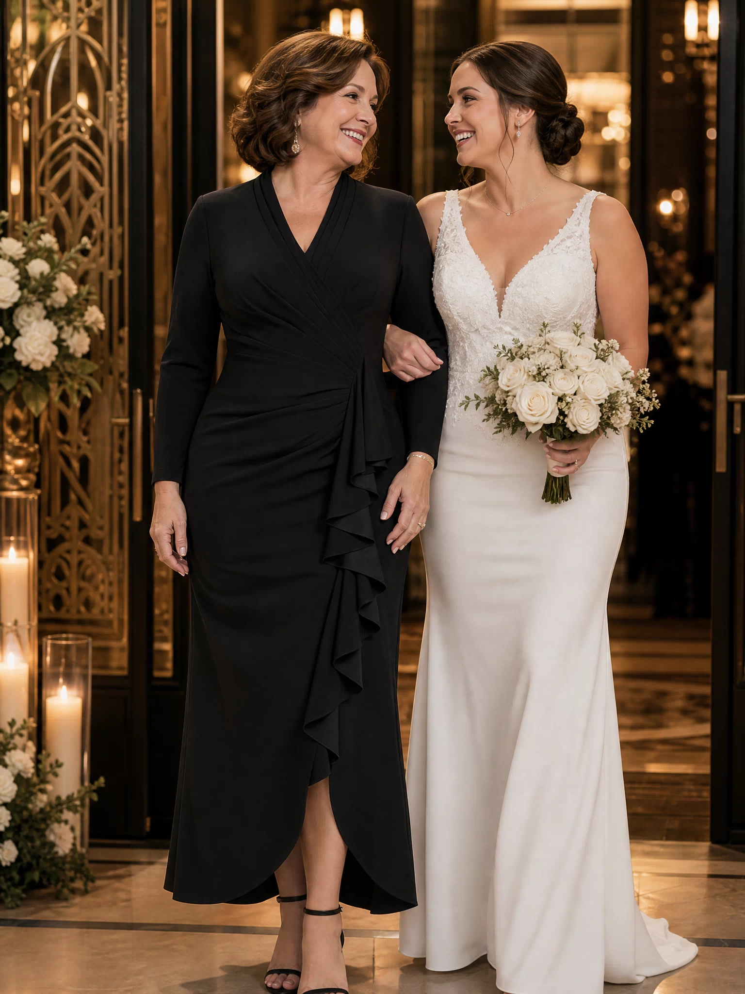 Ruffle Crepe Fitted Sleeve Evening Dress #color_Black
