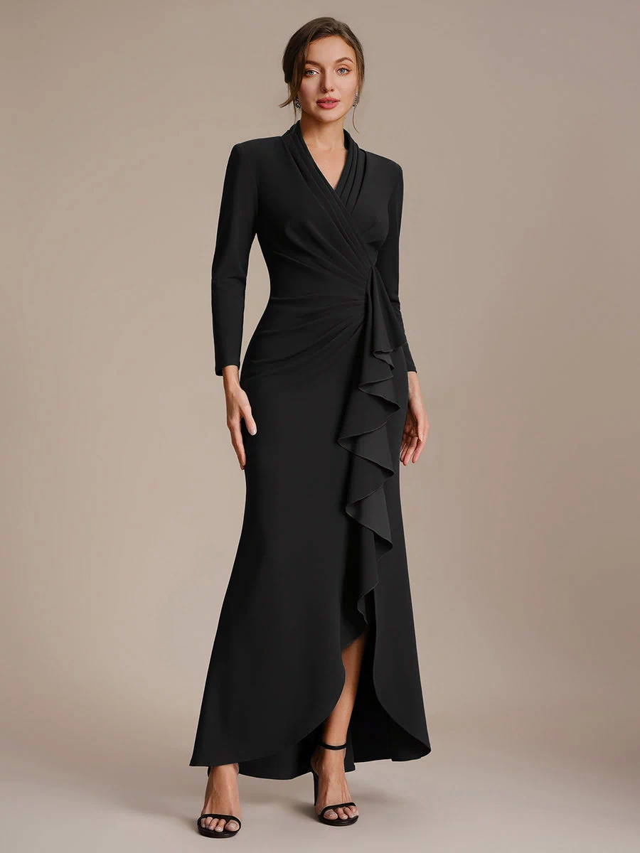 Ruffle Crepe Fitted Sleeve Evening Dress #color_Black
