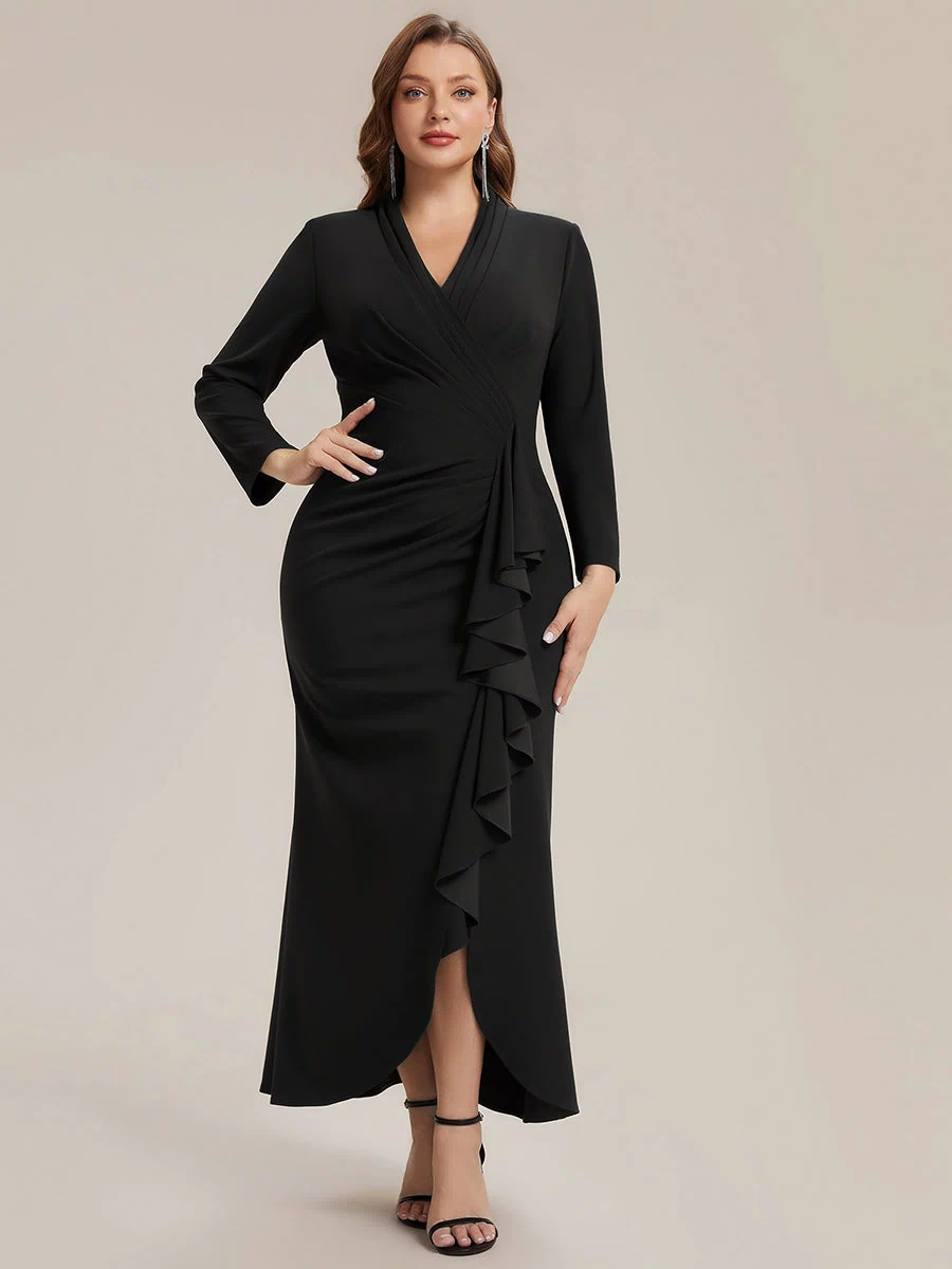 Ruffle Crepe Fitted Sleeve Evening Dress #color_Black