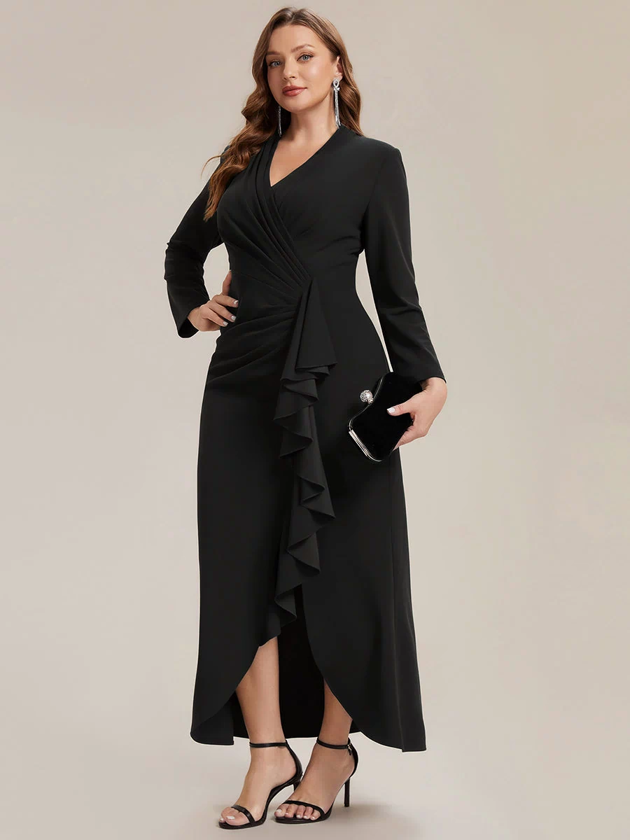 Ruffle Crepe Fitted Sleeve Evening Dress #color_Black