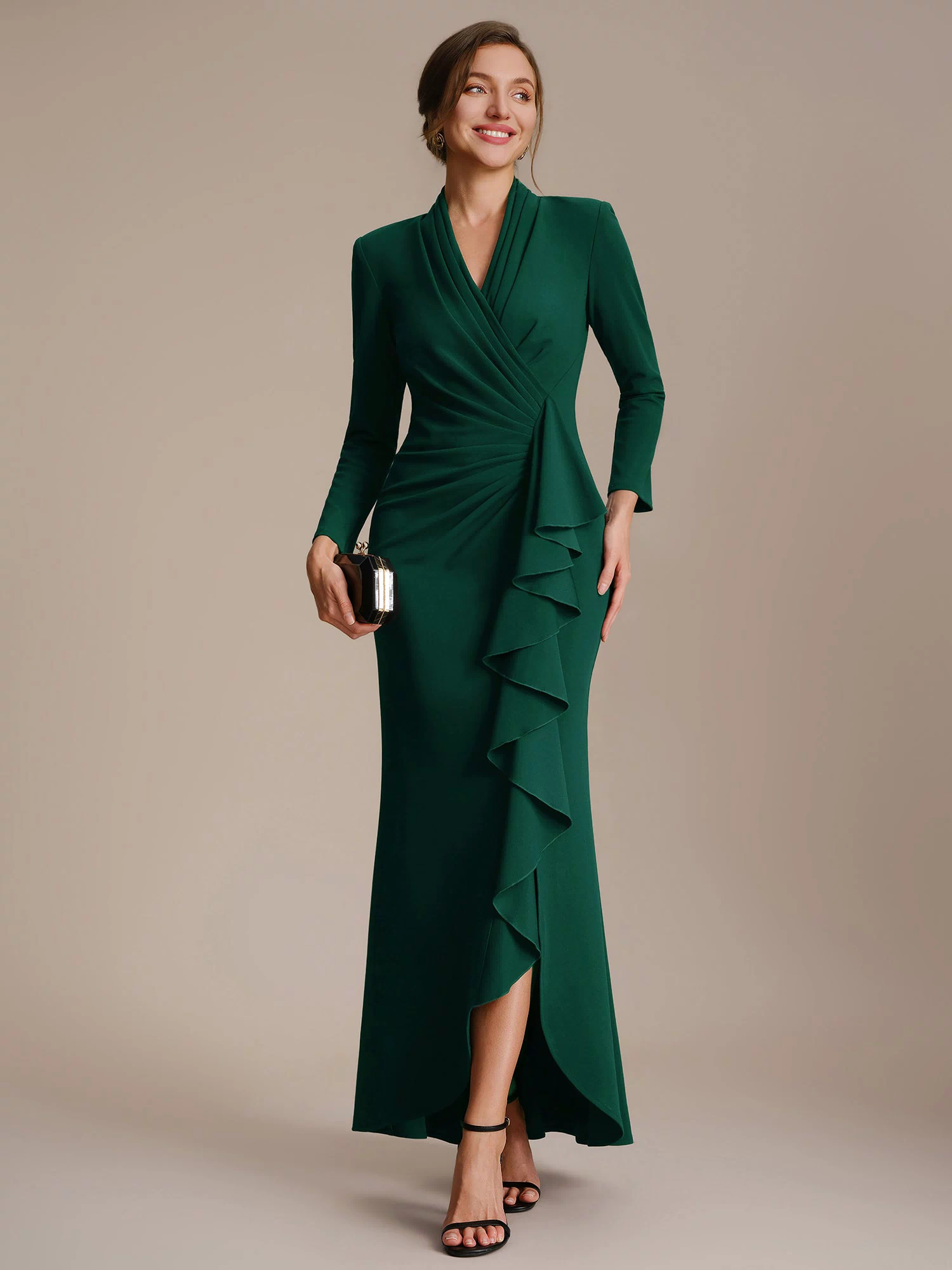Ruffle Crepe Fitted Sleeve Evening Dress #color_Dark Green