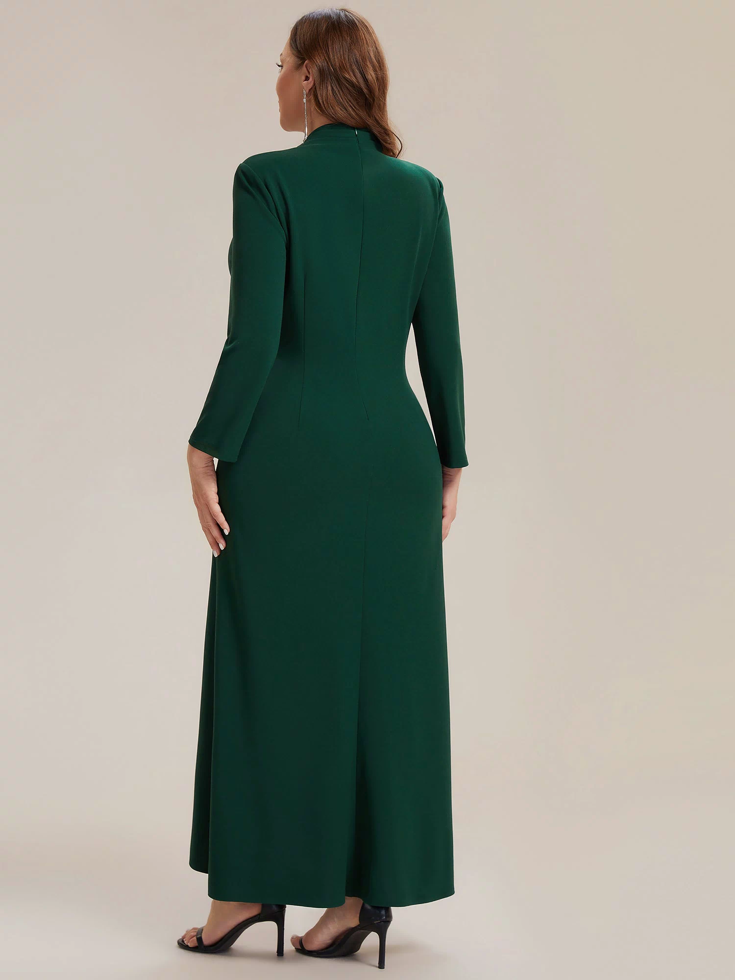 Ruffle Crepe Fitted Sleeve Evening Dress #color_Dark Green
