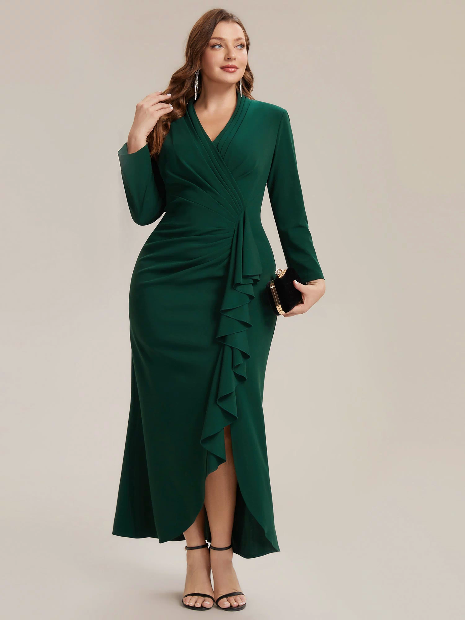 Ruffle Crepe Fitted Sleeve Evening Dress #color_Dark Green