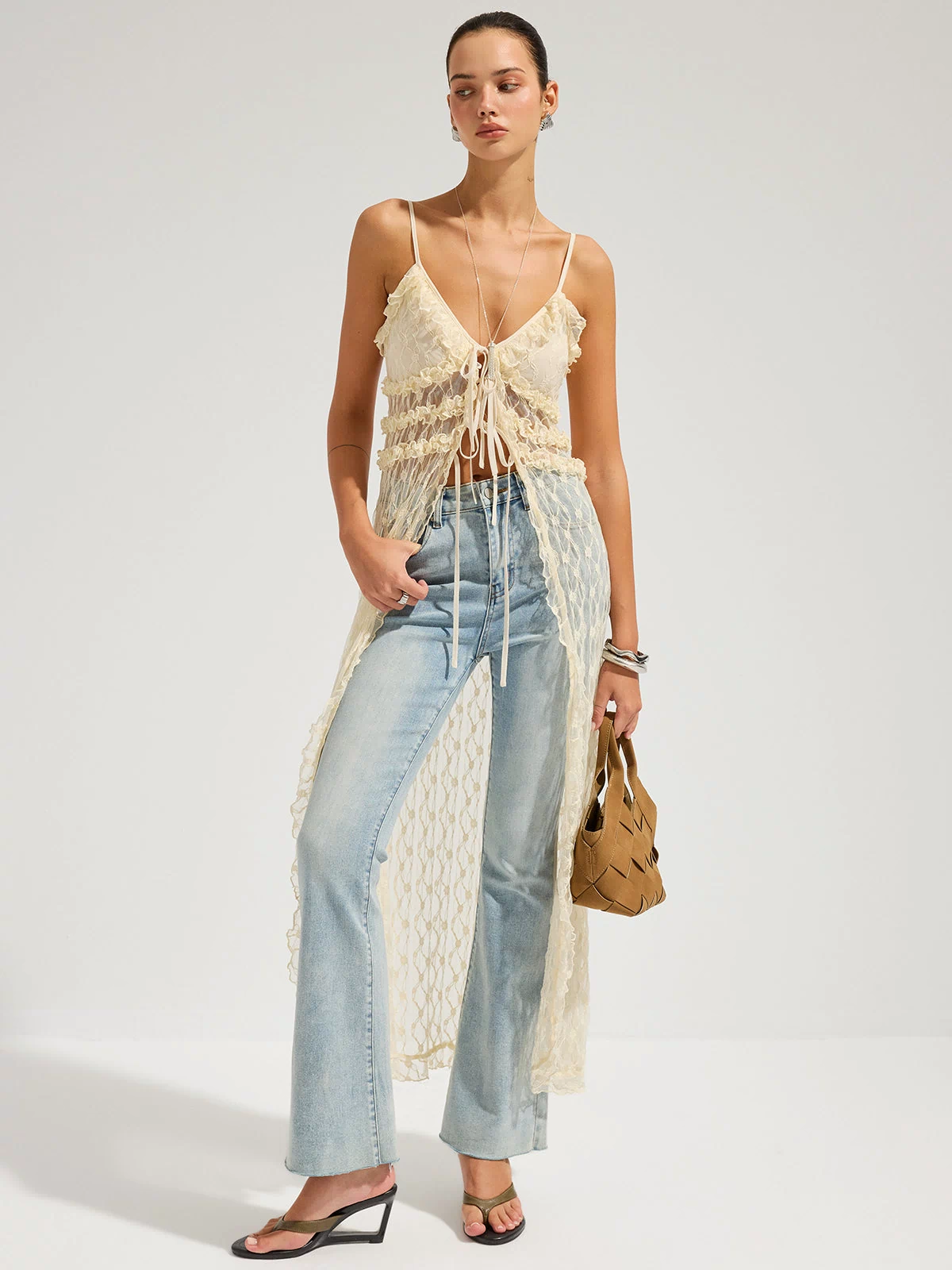 Ruffle Lace Sheer Cami Midi Dress