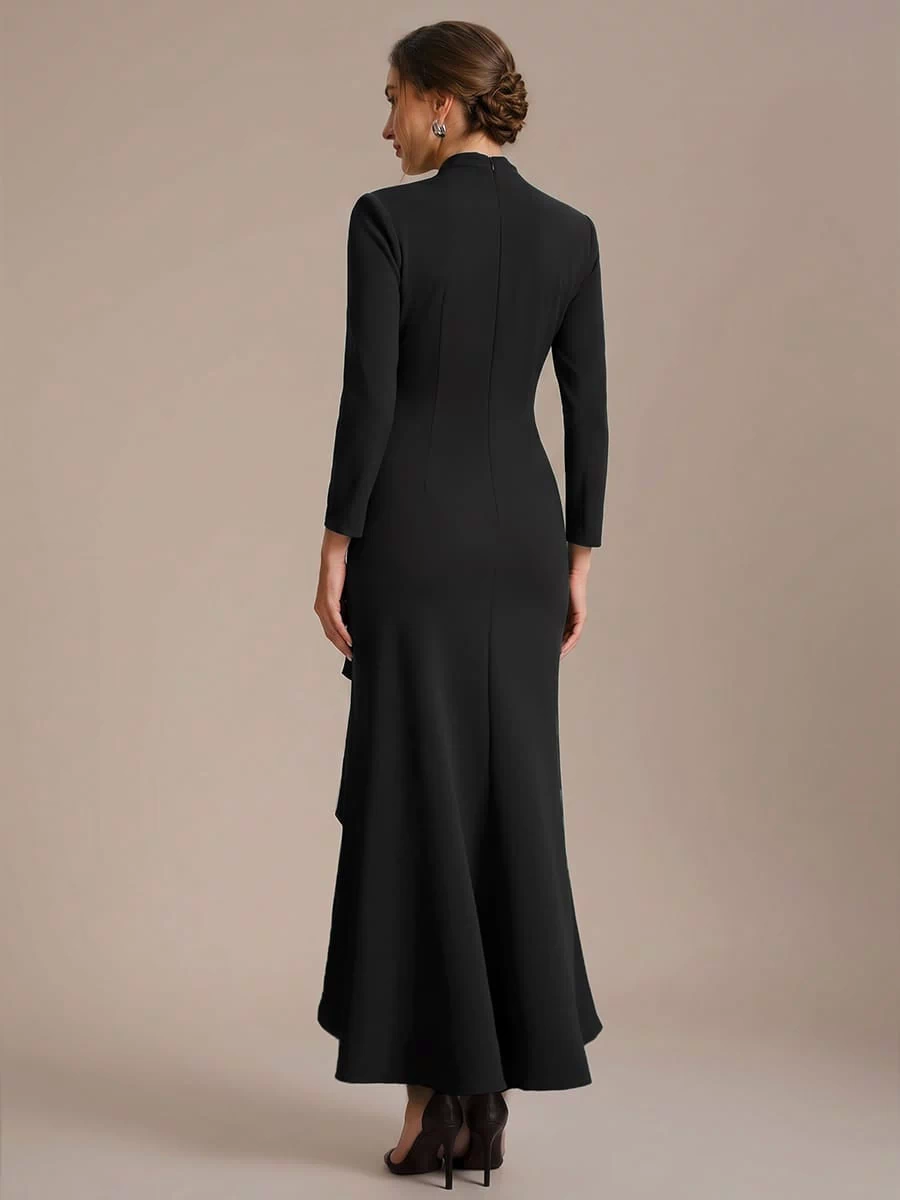 Ruffled Crepe Fitted Sleeve Dress #color_Black