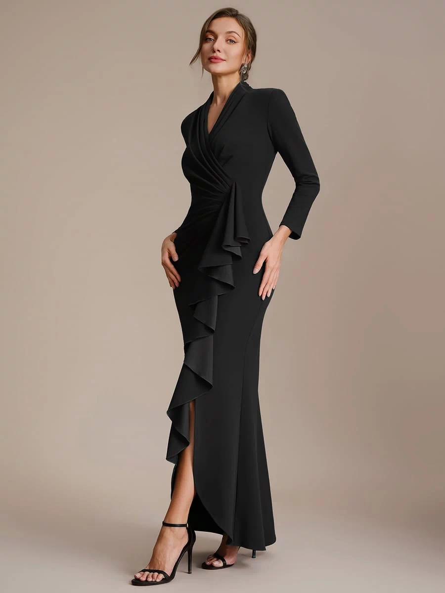 Ruffled Crepe Fitted Sleeve Dress #color_Black