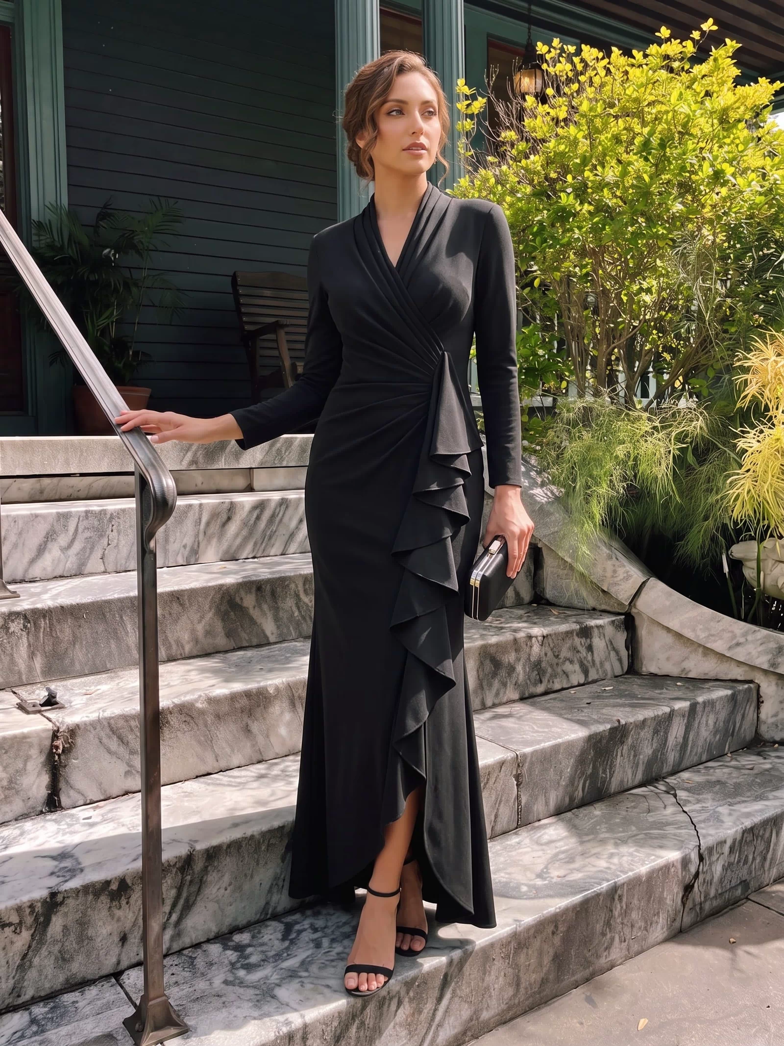 Ruffled Crepe Fitted Sleeve Dress #color_Black