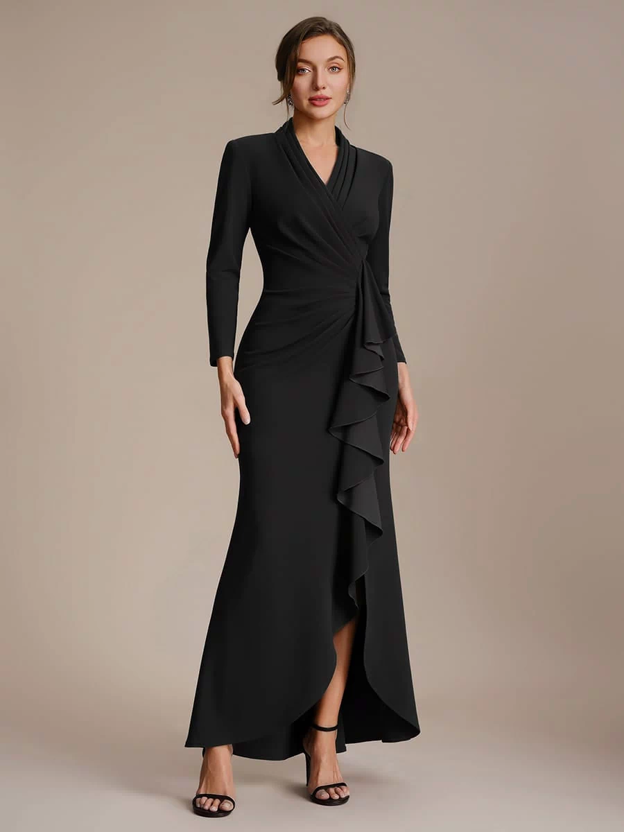 Ruffled Crepe Fitted Sleeve Dress #color_Black