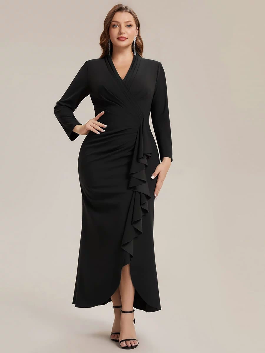 Ruffled Crepe Fitted Sleeve Dress #color_Black