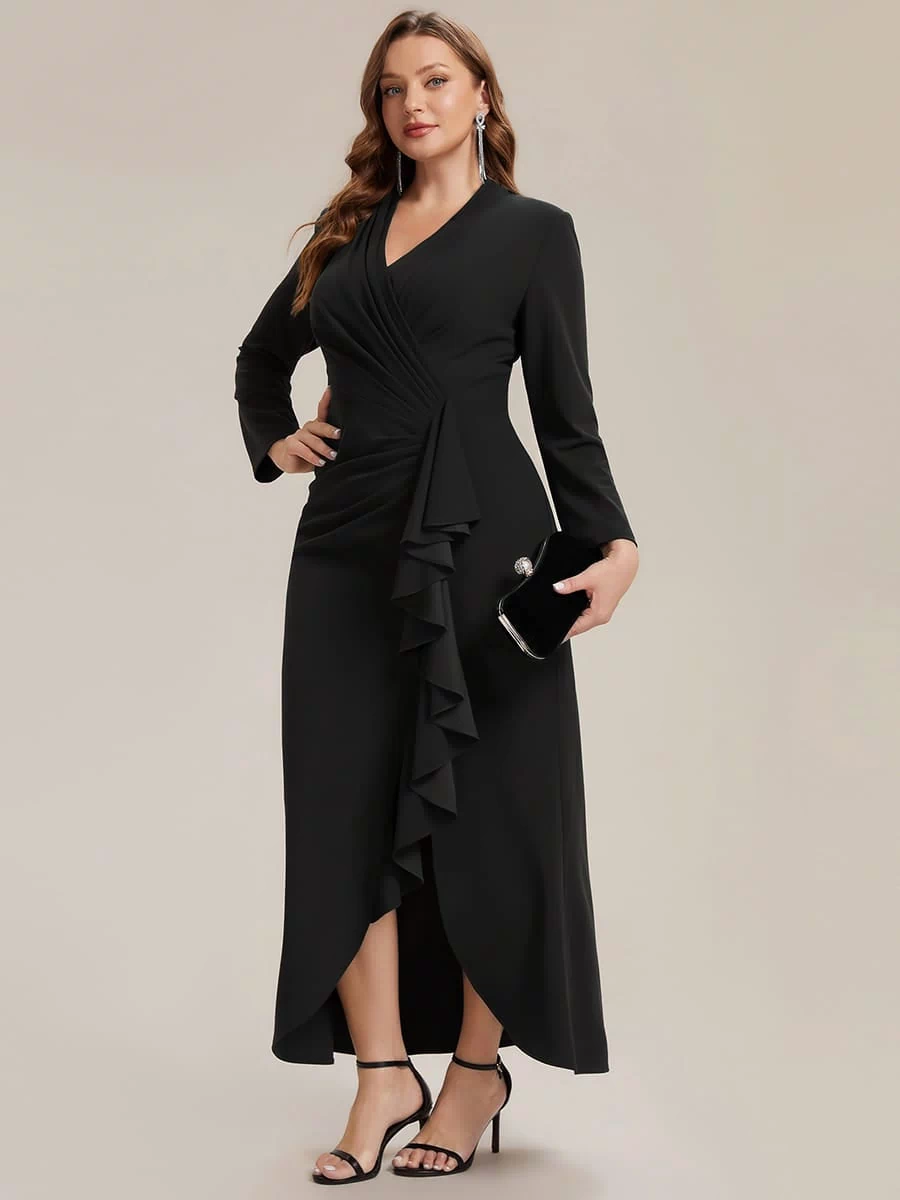 Ruffled Crepe Fitted Sleeve Dress #color_Black