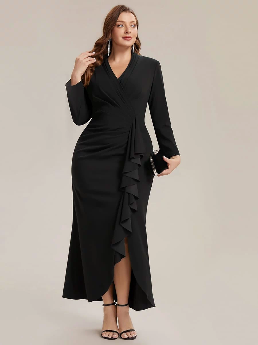 Ruffled Crepe Fitted Sleeve Dress #color_Black