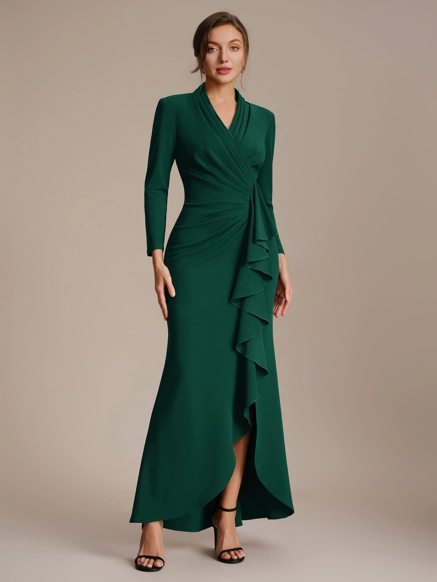 Ruffled Crepe Fitted Sleeve Dress #color_Dark Green