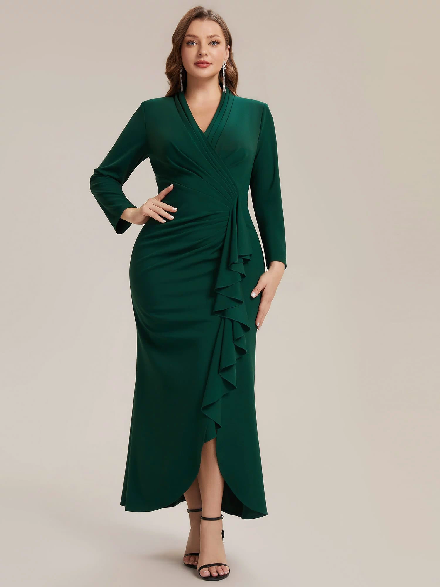 Ruffled Crepe Fitted Sleeve Dress #color_Dark Green