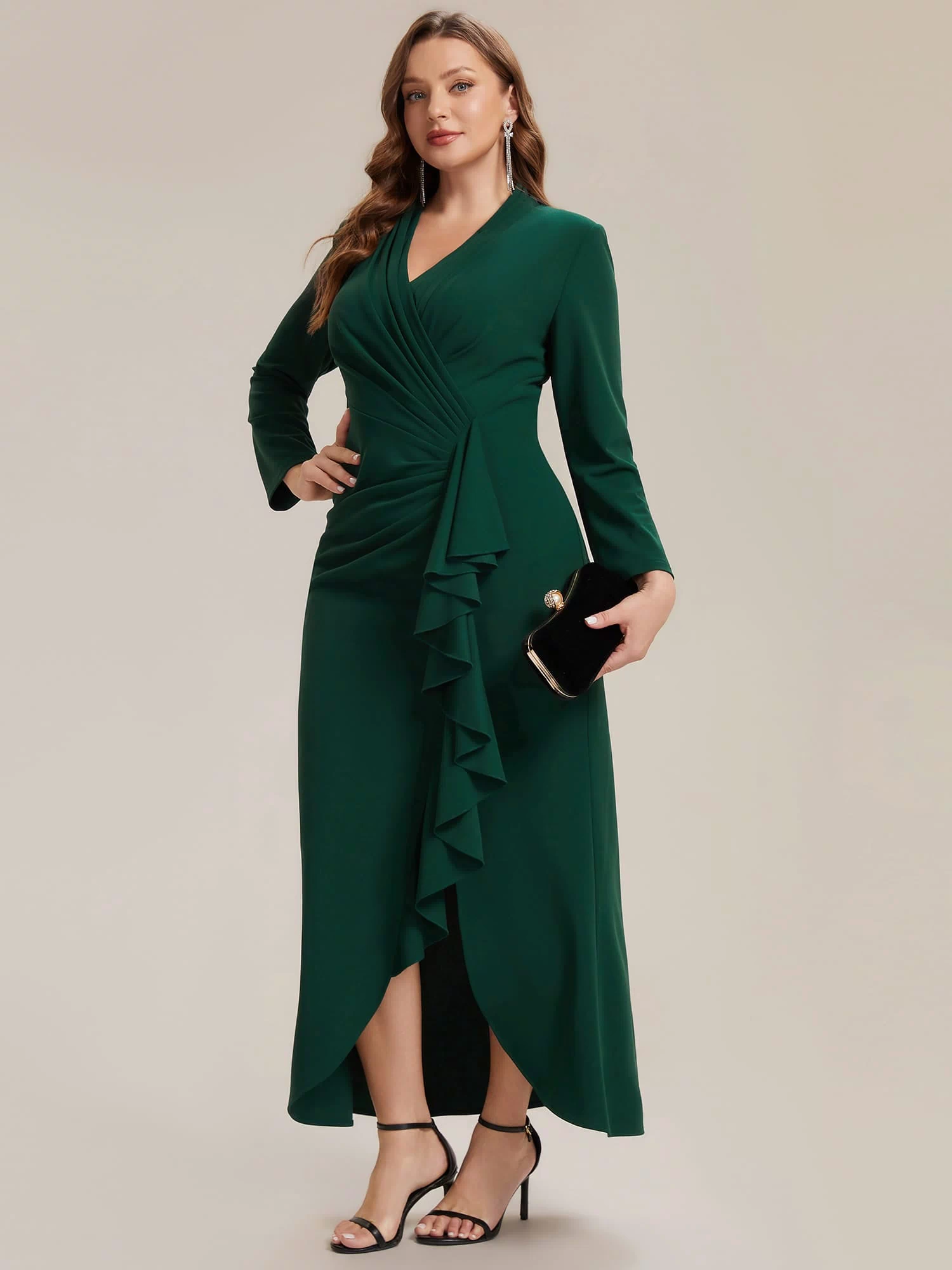 Ruffled Crepe Fitted Sleeve Dress #color_Dark Green