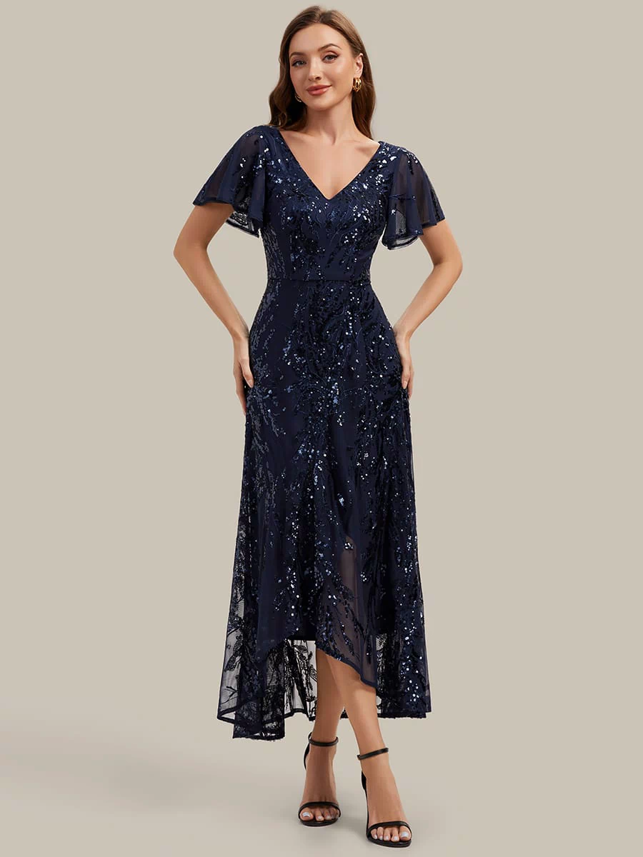 Sequin Ruffle Flutter Sleeve High Low Dress