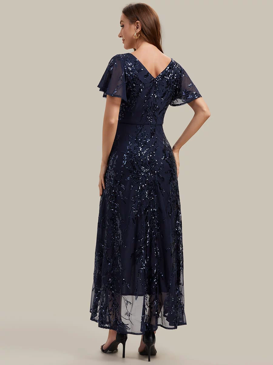 Ruffled Sequin Ruffle Sleeve Dress #color_Navy Blue