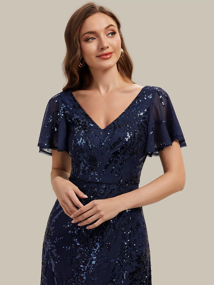 Ruffled Sequin Ruffle Sleeve Dress #color_Navy Blue