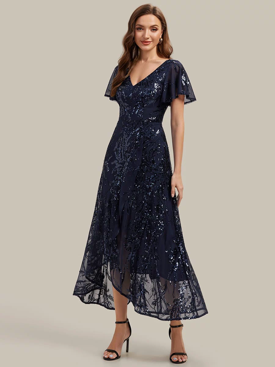 Ruffled Sequin Ruffle Sleeve Dress #color_Navy Blue