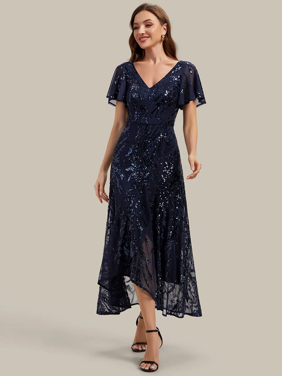 Ruffled Sequin Ruffle Sleeve Dress #color_Navy Blue
