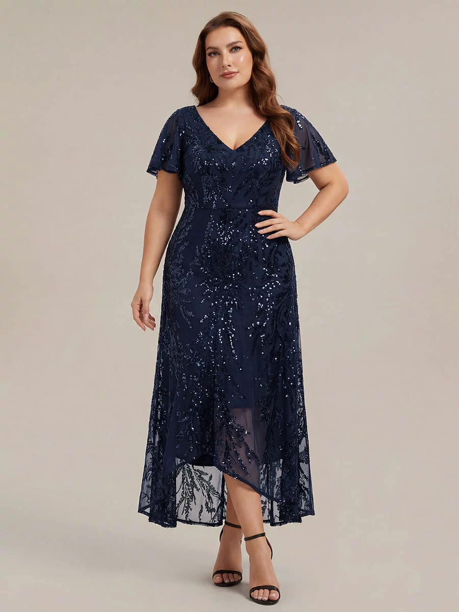 Ruffled Sequin Ruffle Sleeve Dress #color_Navy Blue