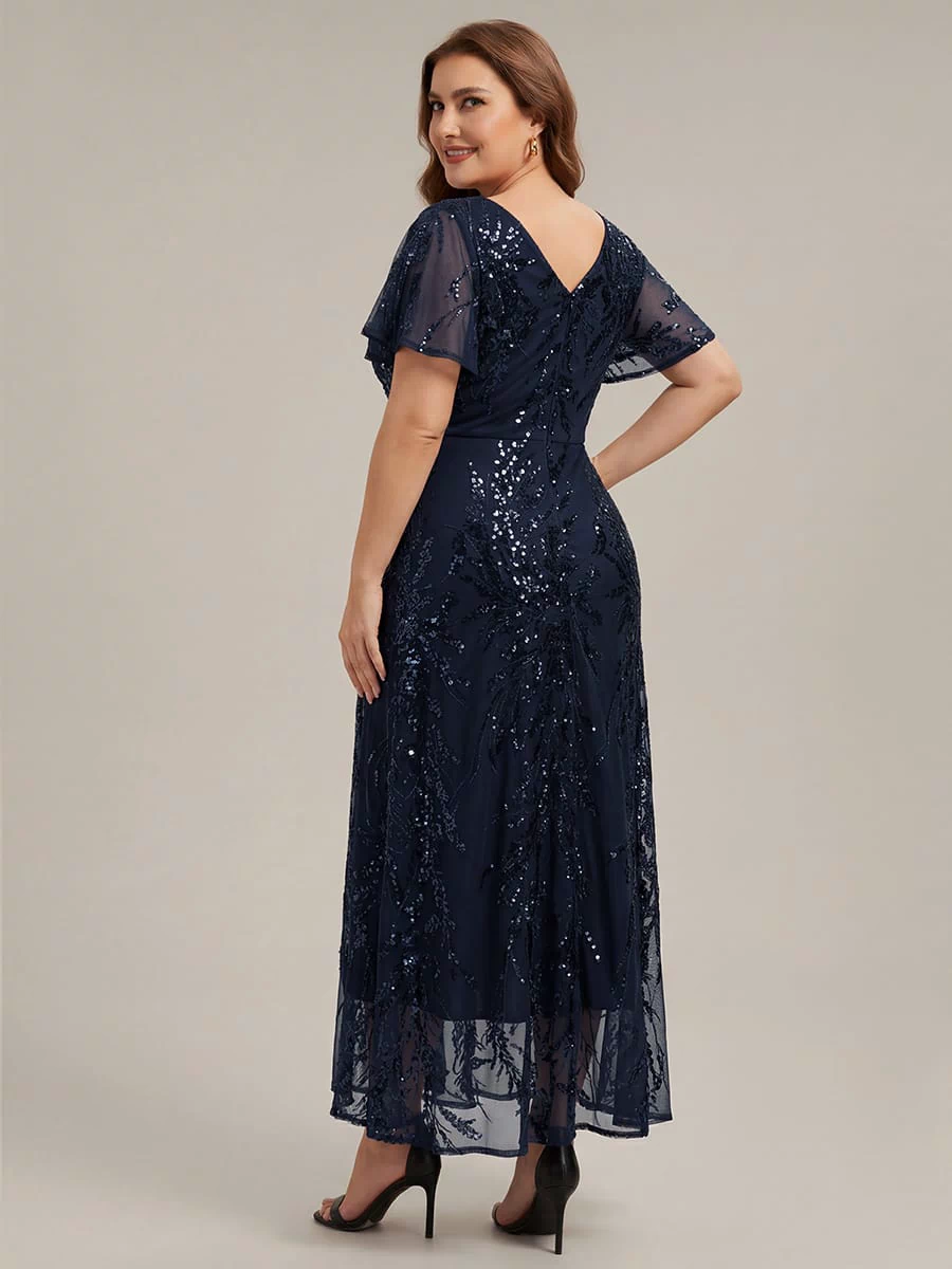 Ruffled Sequin Ruffle Sleeve Dress #color_Navy Blue