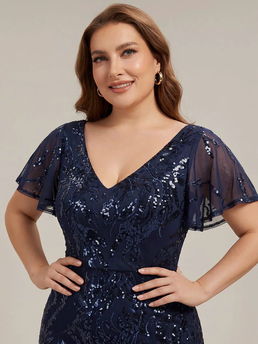 Ruffled Sequin Ruffle Sleeve Dress #color_Navy Blue