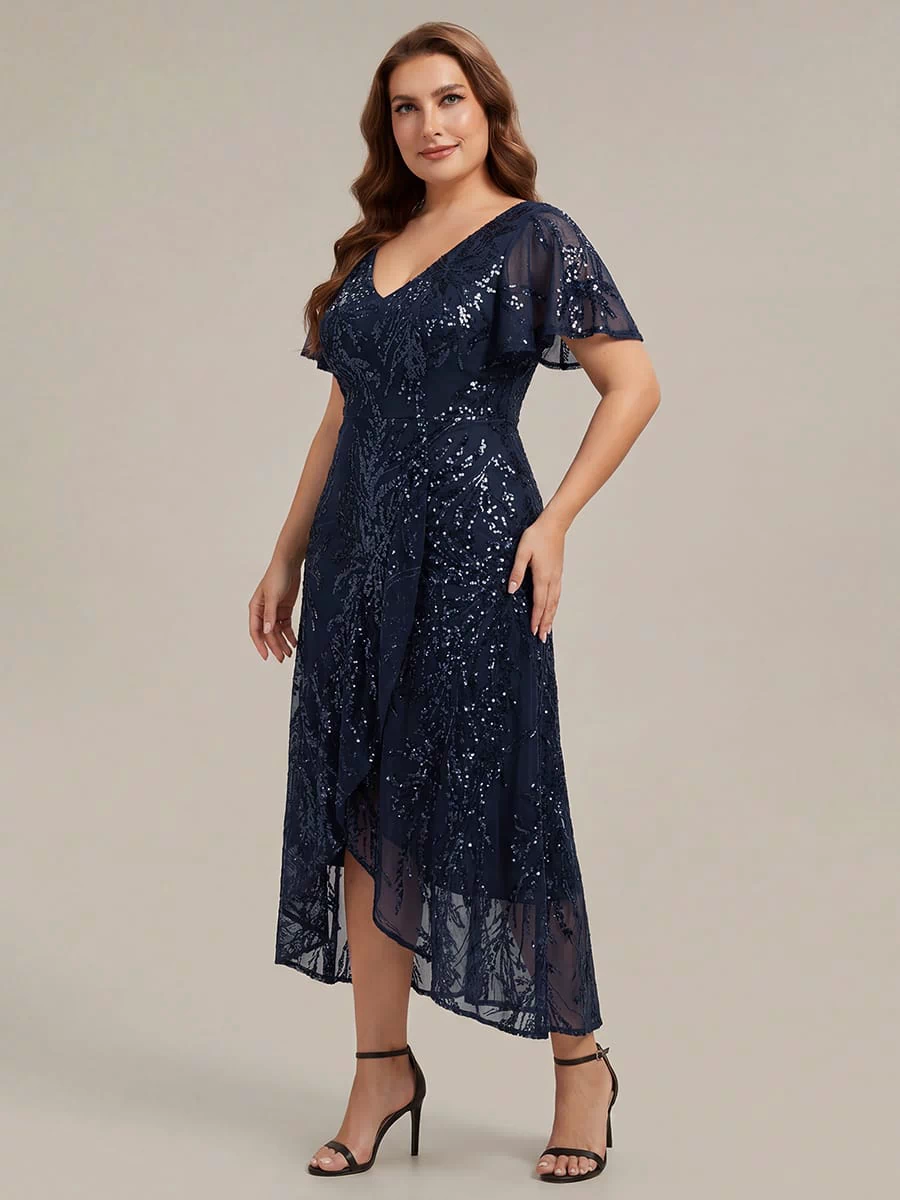 Ruffled Sequin Ruffle Sleeve Dress #color_Navy Blue