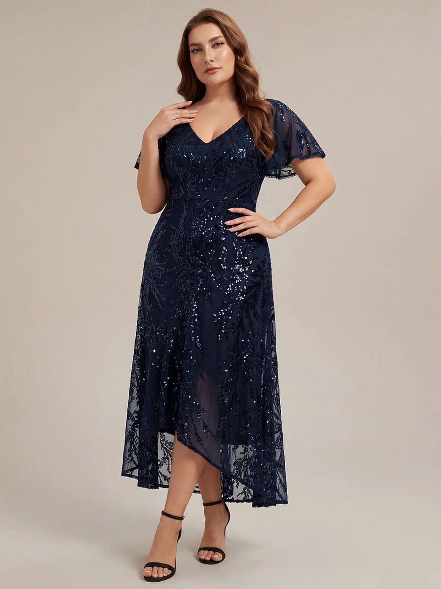 Ruffled Sequin Ruffle Sleeve Dress #color_Navy Blue