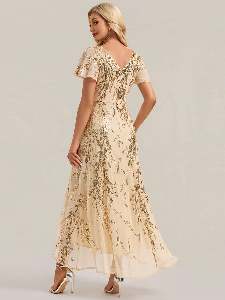 Ruffled Sequin Ruffle Sleeve Dress #color_Gold