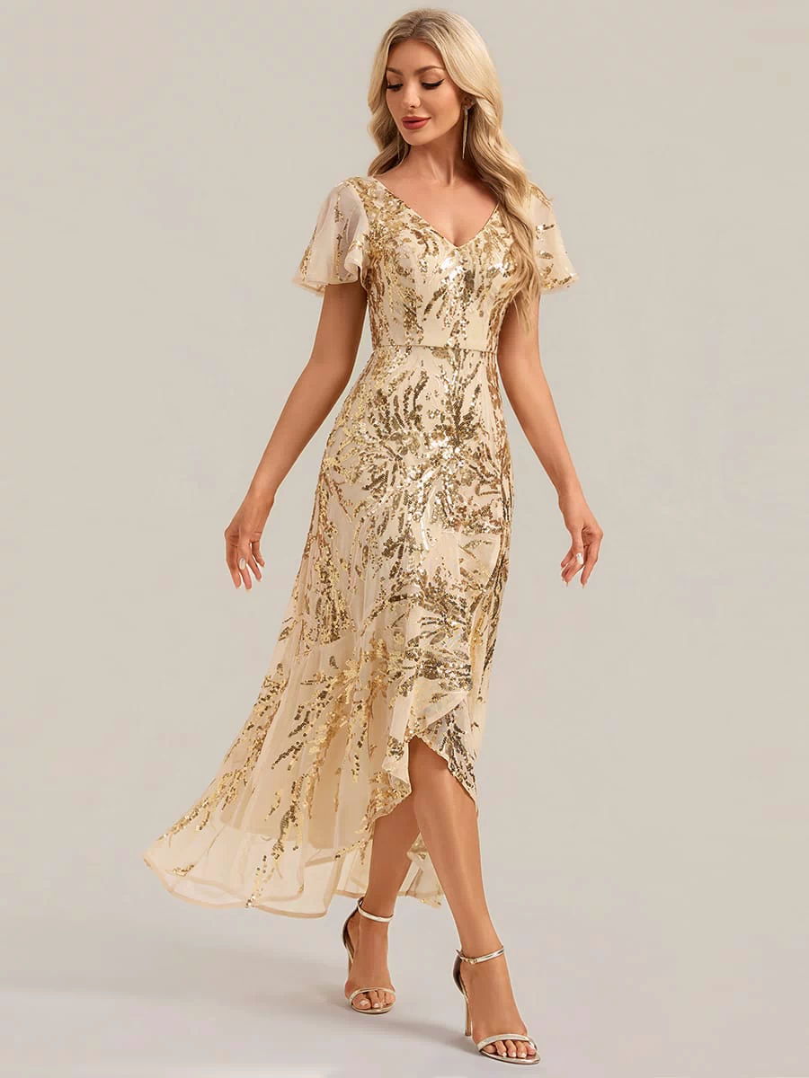 Ruffled Sequin Ruffle Sleeve Dress #color_Gold