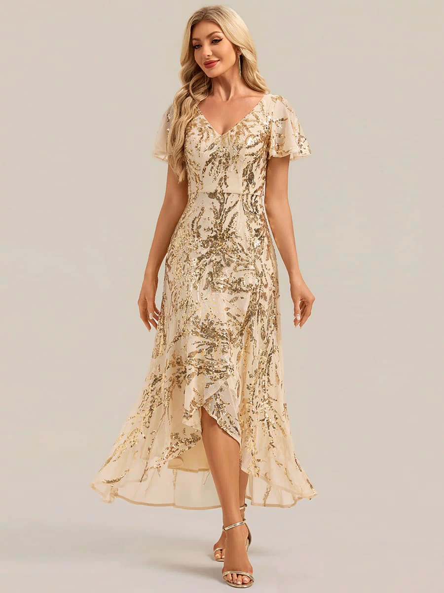 Ruffled Sequin Ruffle Sleeve Dress #color_Gold