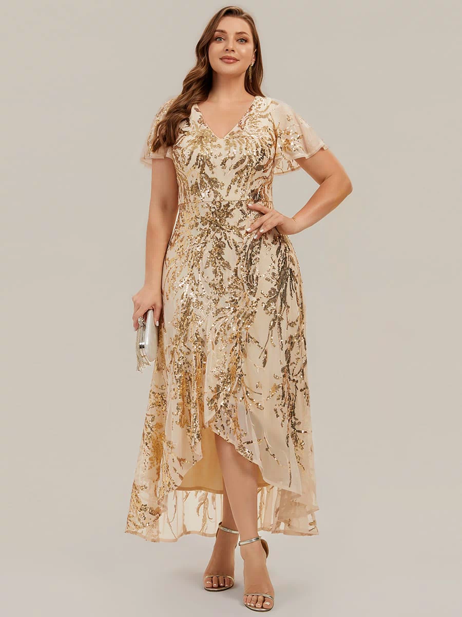 Ruffled Sequin Ruffle Sleeve Dress #color_Gold