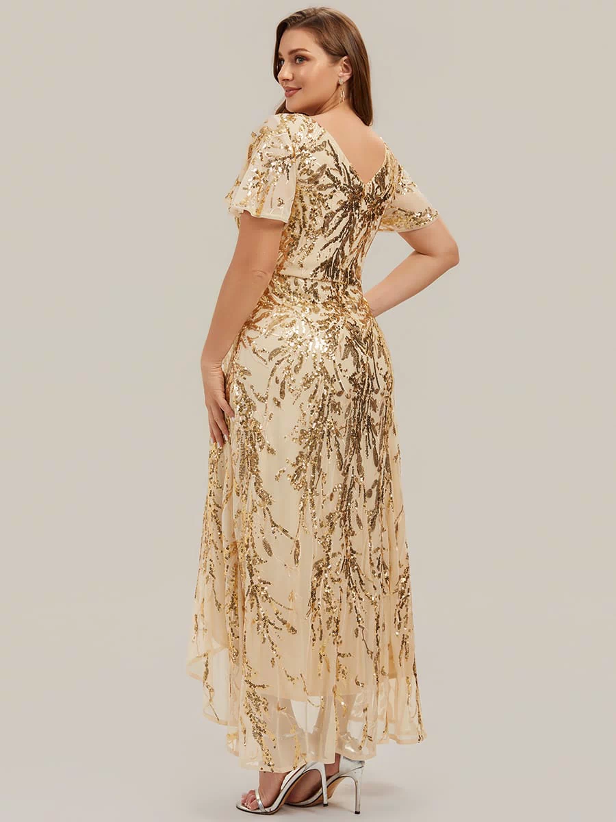 Ruffled Sequin Ruffle Sleeve Dress #color_Gold