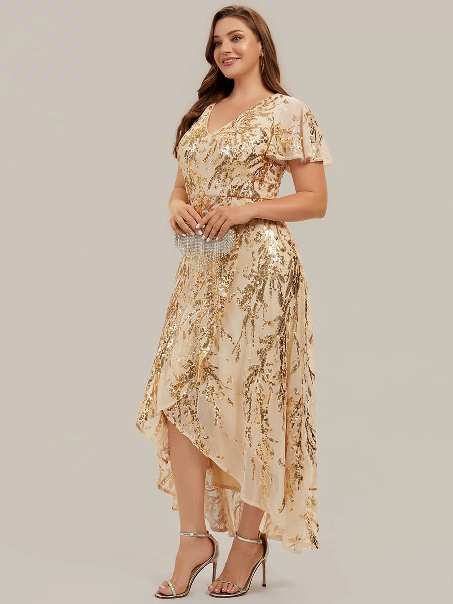 Ruffled Sequin Ruffle Sleeve Dress #color_Gold