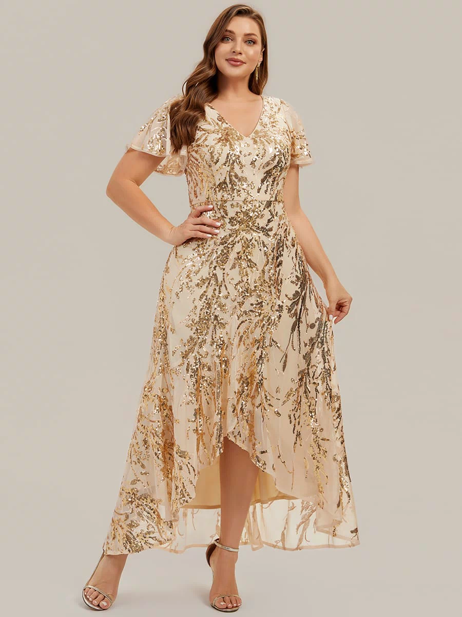 Ruffled Sequin Ruffle Sleeve Dress #color_Gold