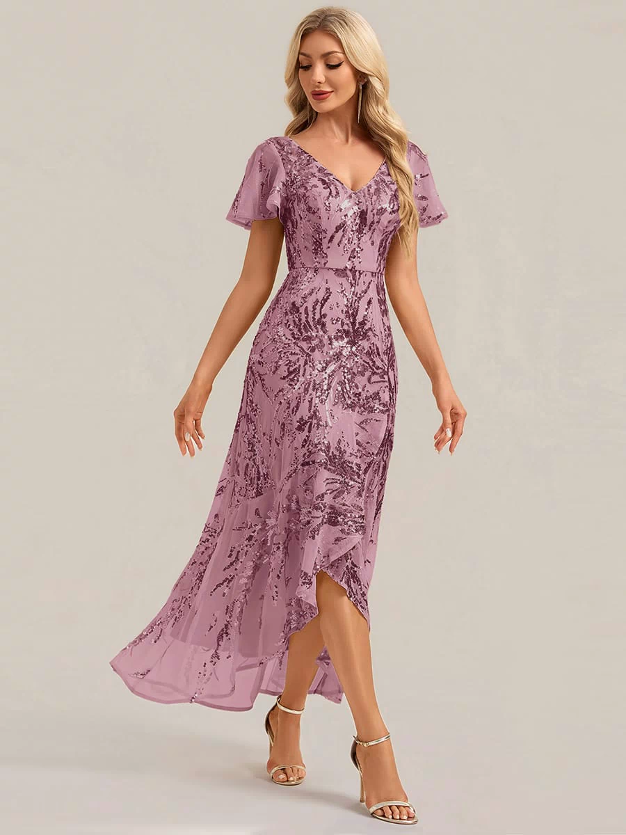 Ruffled Sequin Ruffle Sleeve Dress #color_Purple Orchid