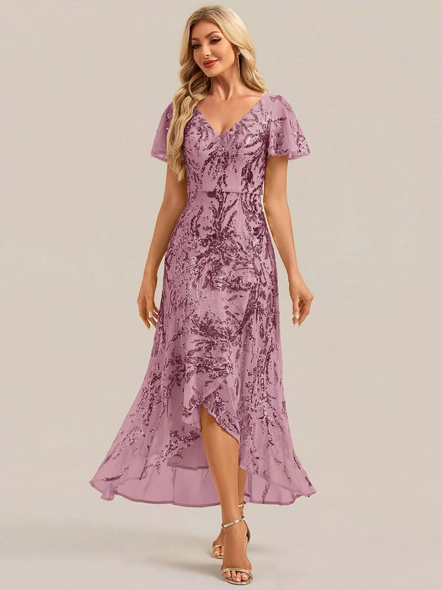 Ruffled Sequin Ruffle Sleeve Dress #color_Purple Orchid