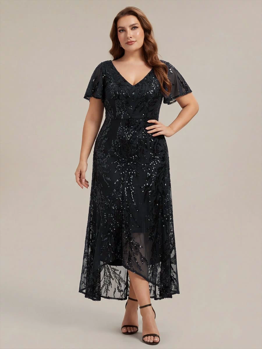 Ruffled Sequin Ruffle Sleeve Dress #color_Black