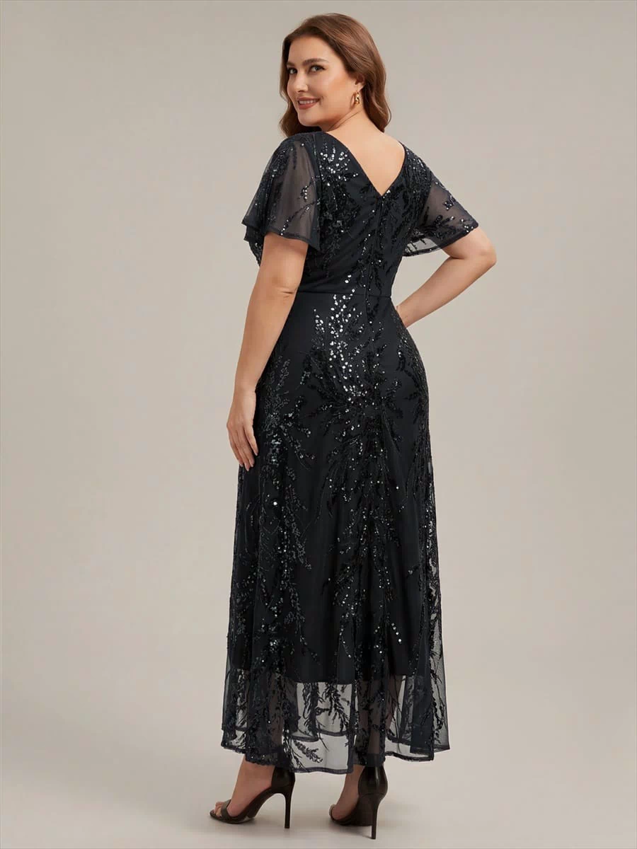 Ruffled Sequin Ruffle Sleeve Dress #color_Black