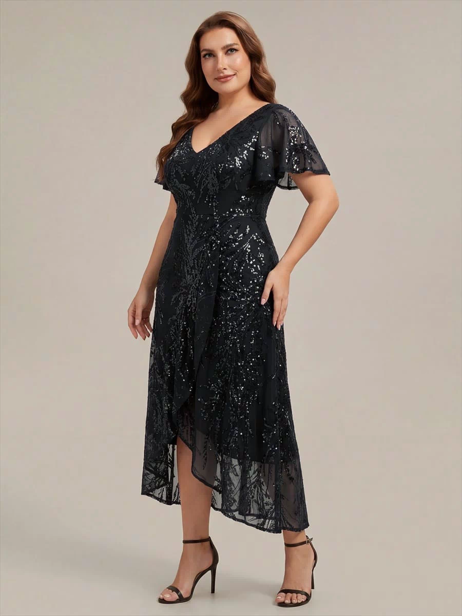 Ruffled Sequin Ruffle Sleeve Dress #color_Black
