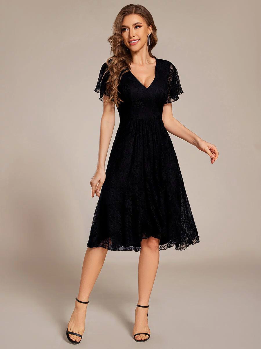 ever PALOMA|Ruffled Short Sleeves V-Neck A-Line Midi Wedding Guest Dress