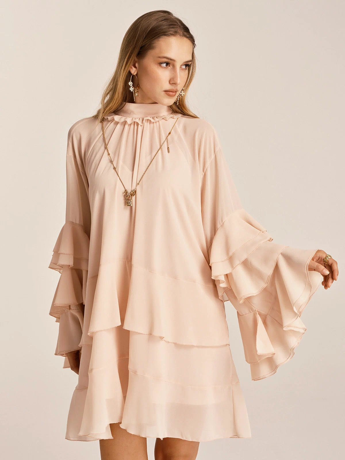 Ruffled Tiered Loose Chiffon Mini Dress