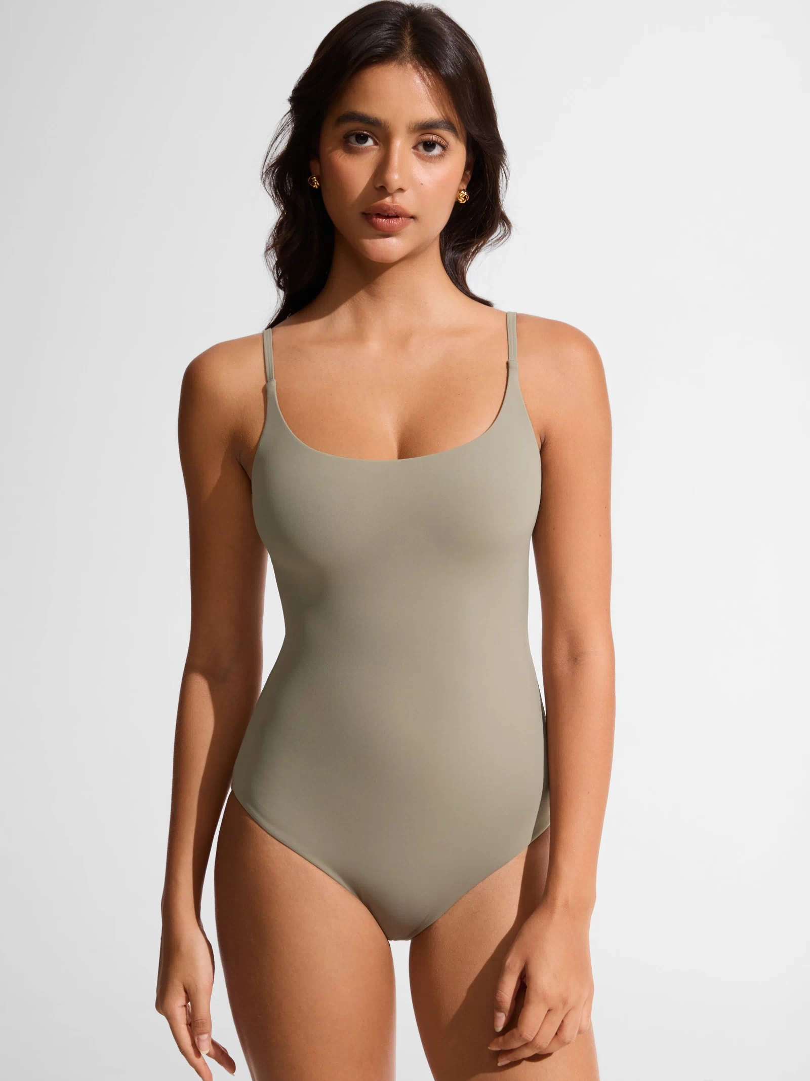 CRZ YOGA Women's Swimwear Nexfeel Scoop Neck U Back One Piece Swimsuit Warm Ash Grey @model_info:L