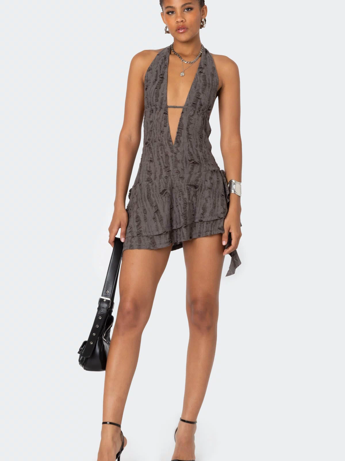 Shredded Backless Halter Mini Dress