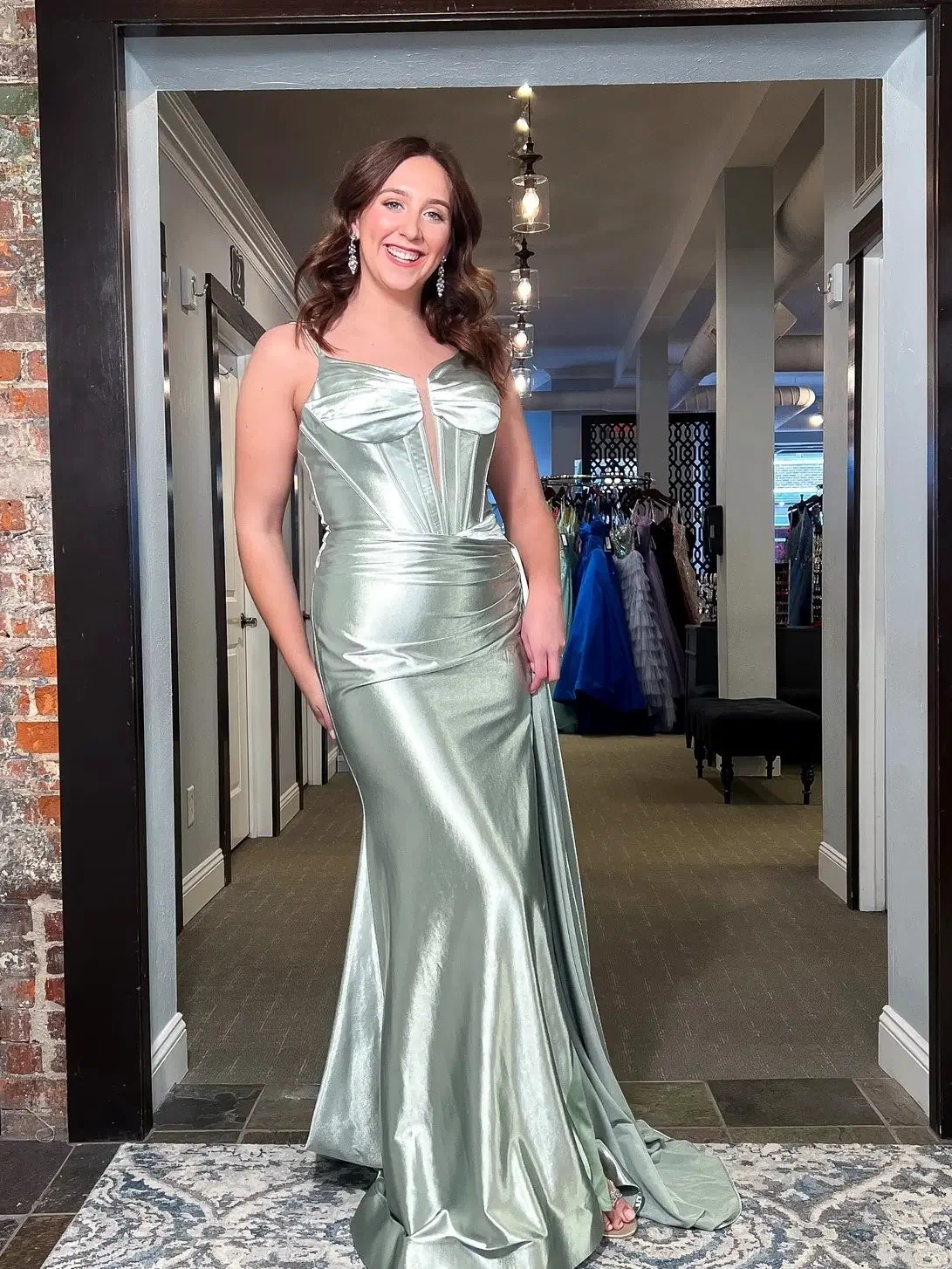 Sage Green Mermaid Satin Prom Dress with Sheer Plunge, High Slit & Draped Side Train – SS269
