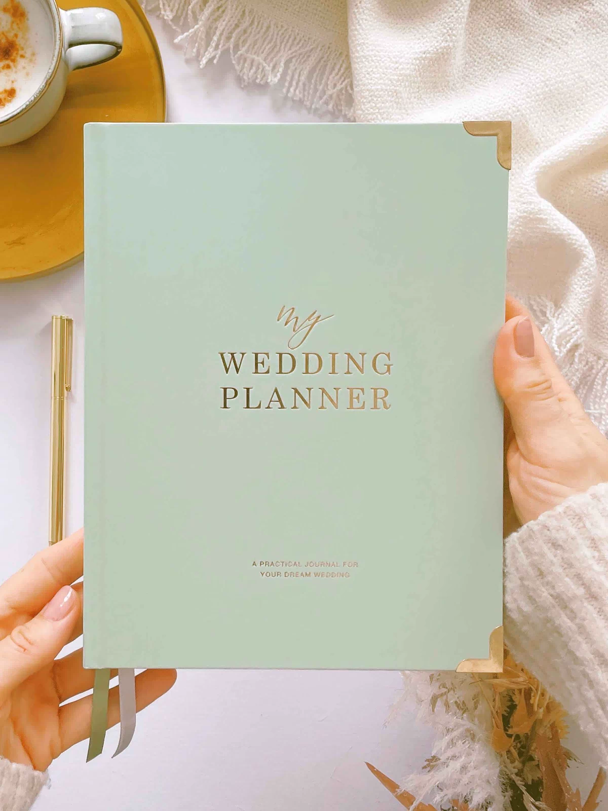 Sage Wedding Planner Book with Gold Foil and Gilded Edges